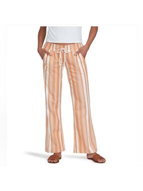 NWT Roxy Oceanside Flare Leg Pants Linen Blend Striped Pockets Juniors Large